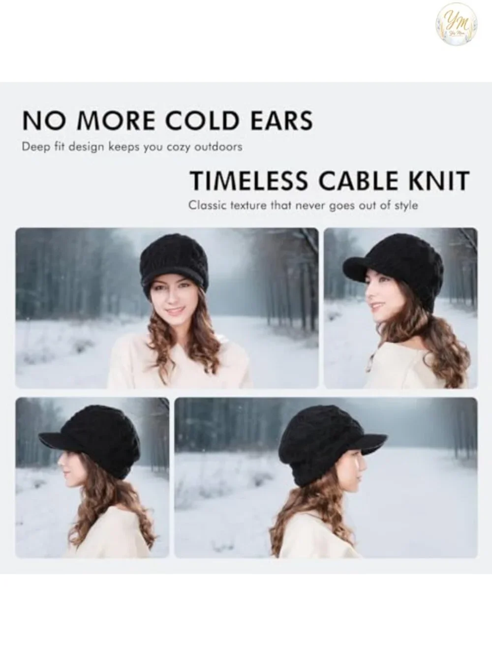 Merino Wool Cable Knit Visor Beanie Winter Hat